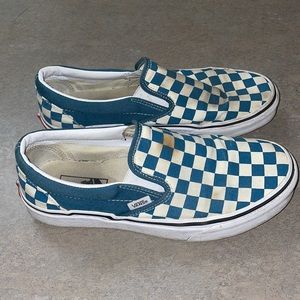 Teal Checkerboard Vans Slip On